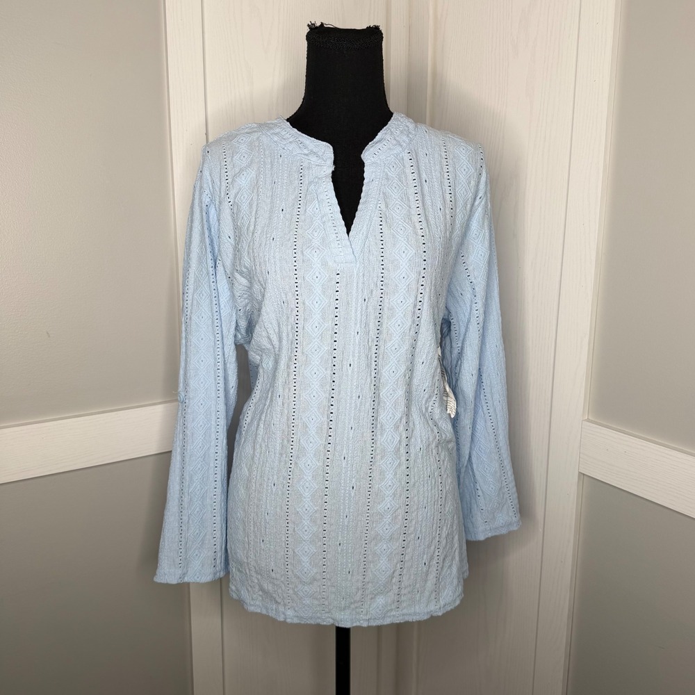 Yes Fashion Tunic Top Womens XL Light Blue Textured Roll Tab Sleeve Stretch